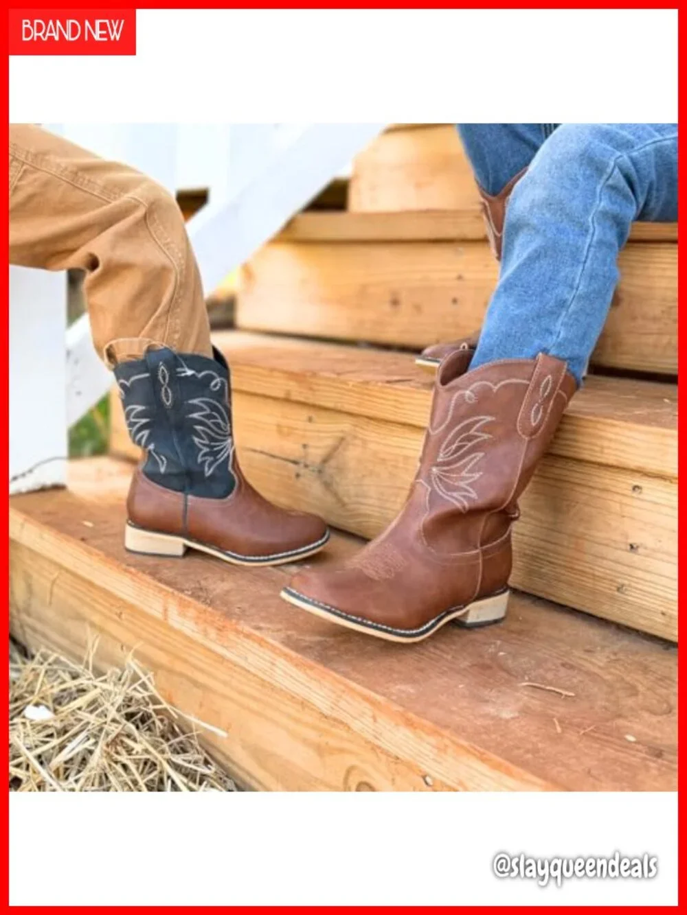 Kids Cowboy Boots Square Toe Faux Leather Western Equestrian